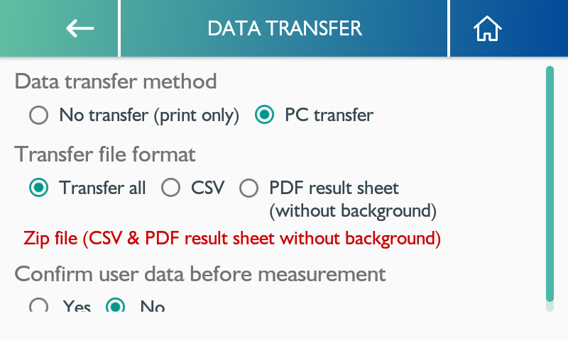 MA601 Data Transfer Settings