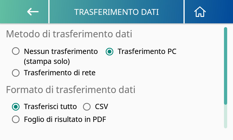 Impostazioni trasferimento dati MA601